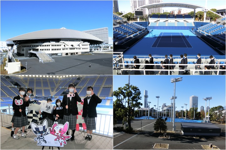 東京五輪やパラリンピック決勝の舞台となった有明コロシアム（写真左上）。仮設スタンドが撤去された１番コート（右上）。コロシアム内で記念撮影をする生徒たち（左下）。新たにハードコートが整備されるエリア（右下）。写真＝スマッシュ編集部