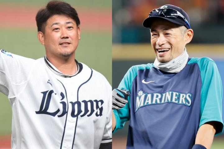 現役生活を終えた松坂（左）の引退セレモニーに、イチロー（右）がサプライズ登場した。写真：徳原隆元、Getty Images