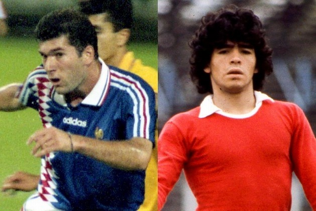 若かりしジダン（左）とマラドーナ（右）。このサッカー史で語り継がれるふたりは、過去にイングランド挑戦の可能性があった。(C)Getty Images