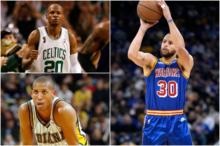 NBAの３ポイント成功ランキングでトップ３に名を連ねているカリー(右)、アレン(左上)、ミラー(左下)。(C)Getty Images