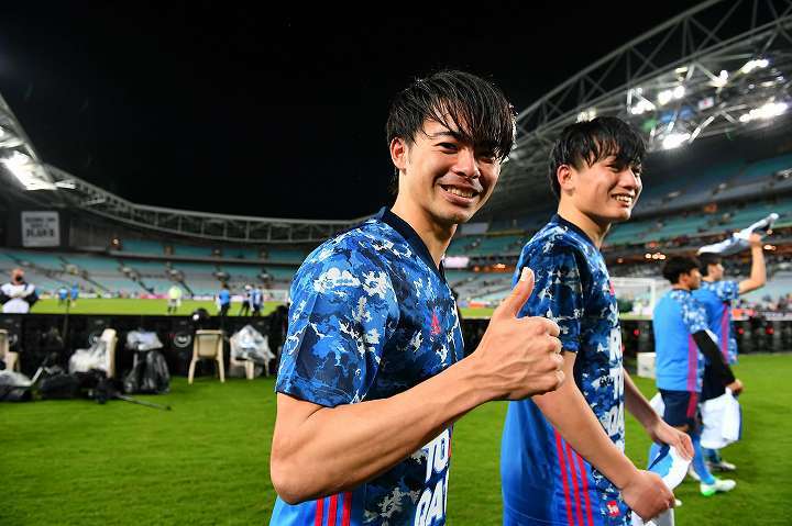 オーストラリア戦で２得点を挙げた三笘。日本を勝利に、W杯出場に導いた。写真：金子拓弥（サッカーダイジェスト写真部）